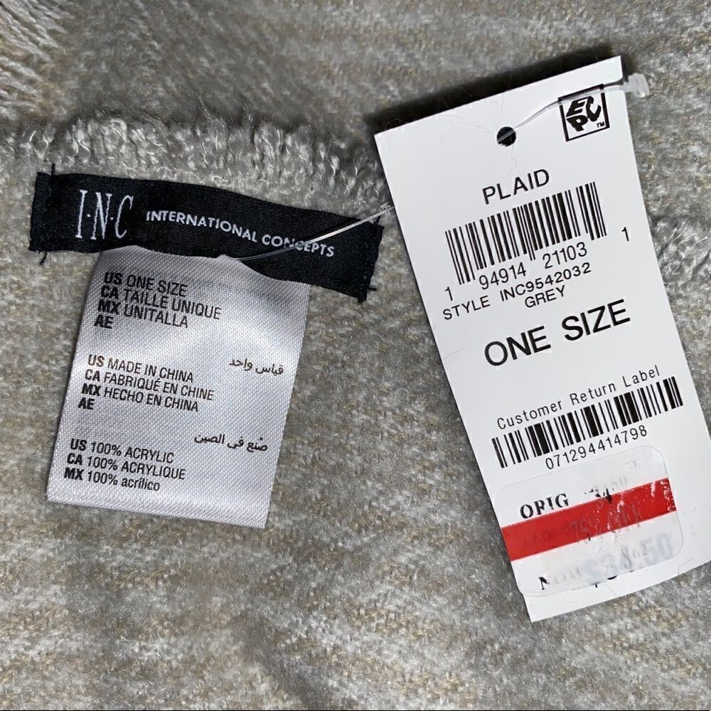 INC International Concepts Blush Gray Beige Plaid Colorblocked Scarf Women's NWT - Picture 3 of 4